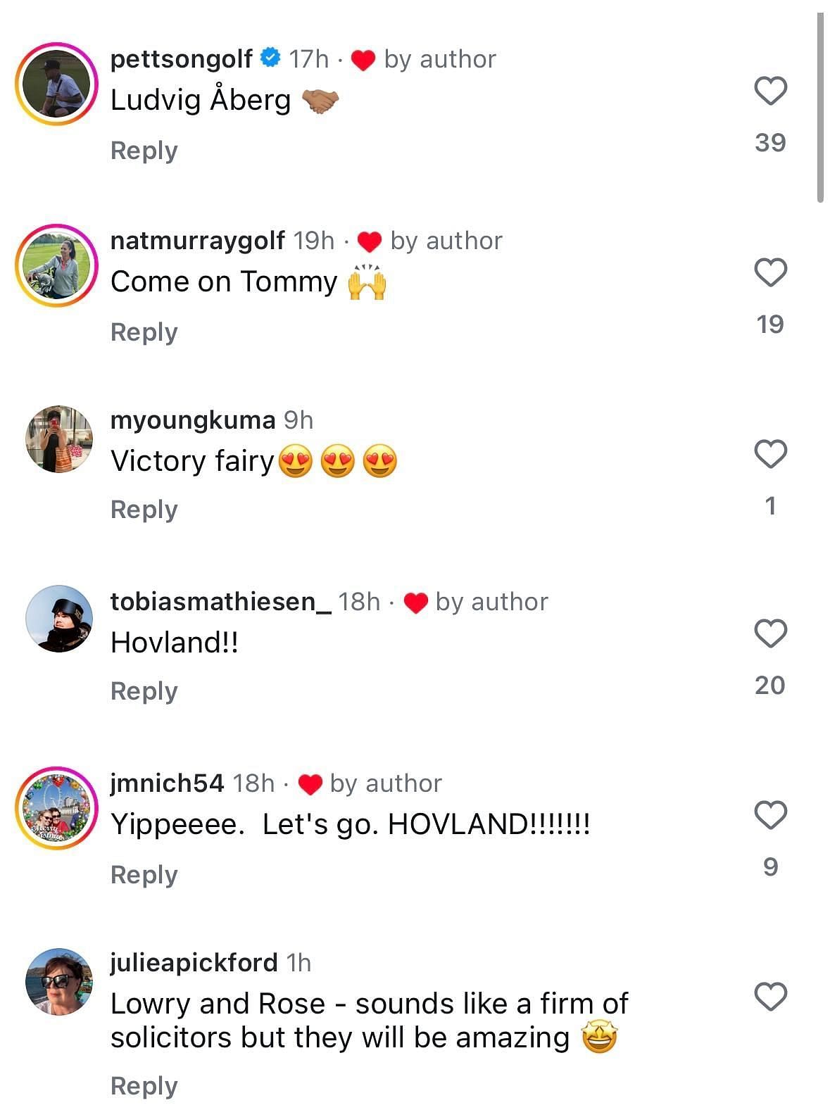 Image via Instagram, Screenshot of the comment section of the post shared by Ryder Cup Europe (@rydercupeurope)